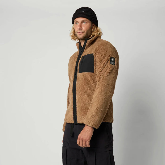Mystic brown fleece zip-thru jacket with black pocket and arm logo patch, surf apparel