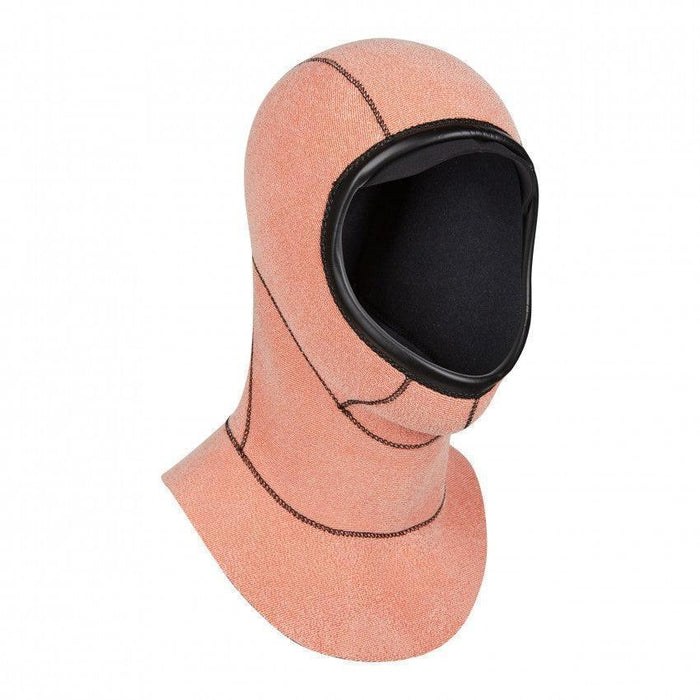 Mystic Marshall 3mm wetsuit hood, light orange neoprene with black trim, side view