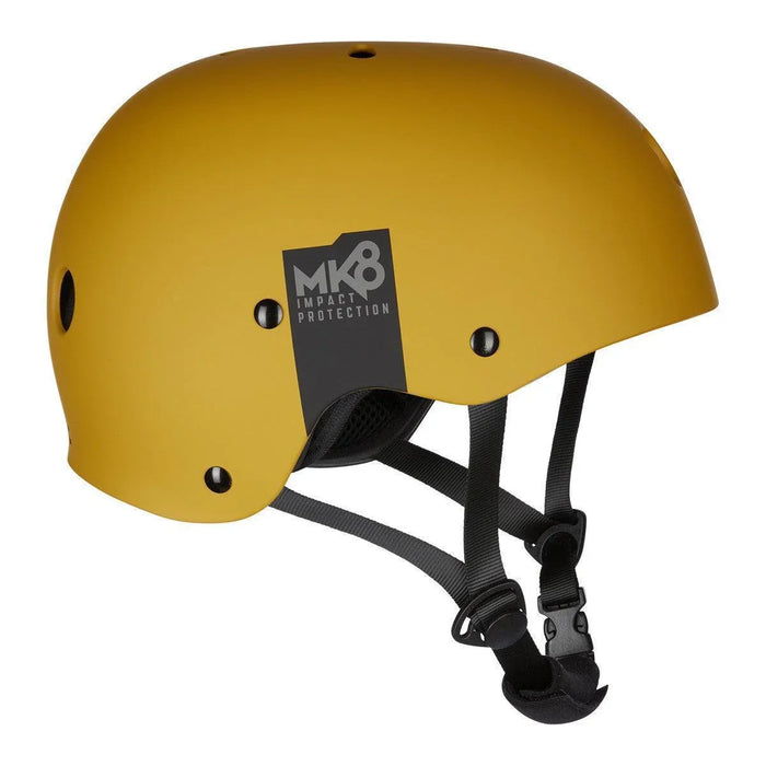 Mystic MK8 Kite Wake Helmet in mustard yellow, side view with black chin strap