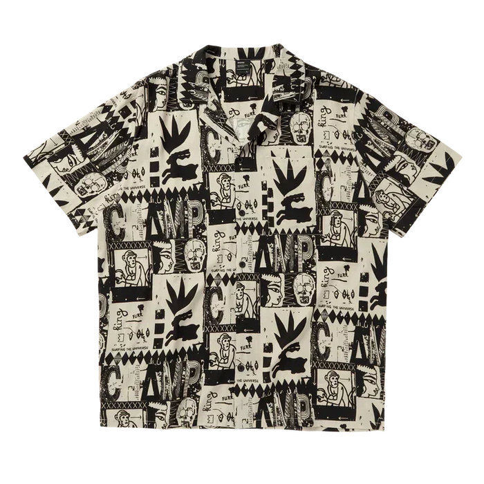 Sand short sleeve surf shirt with black graphic print and palm leaf design