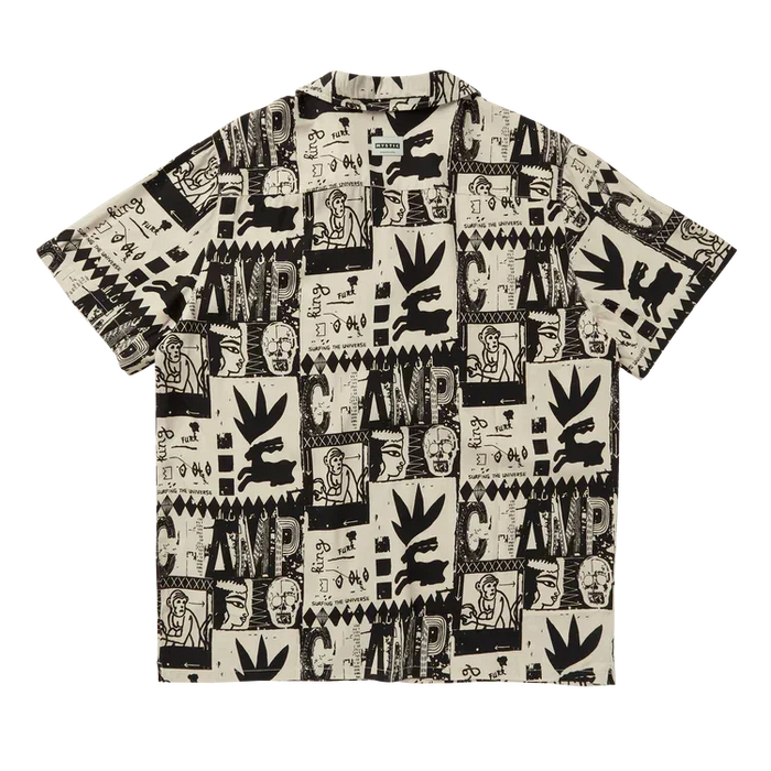 Beige short-sleeve shirt with black abstract surf graphic print, camp theme pattern.