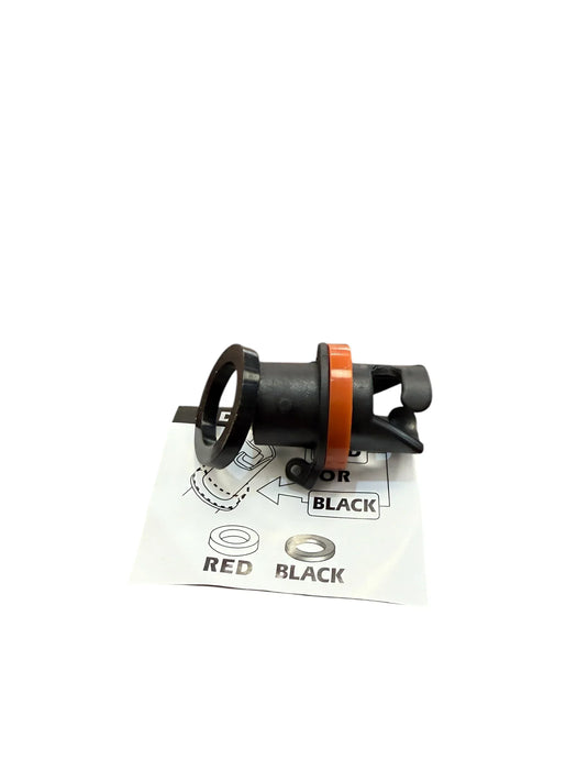 Naish Surelock black pump nozzle for kitesurfing with red band and instruction sheet