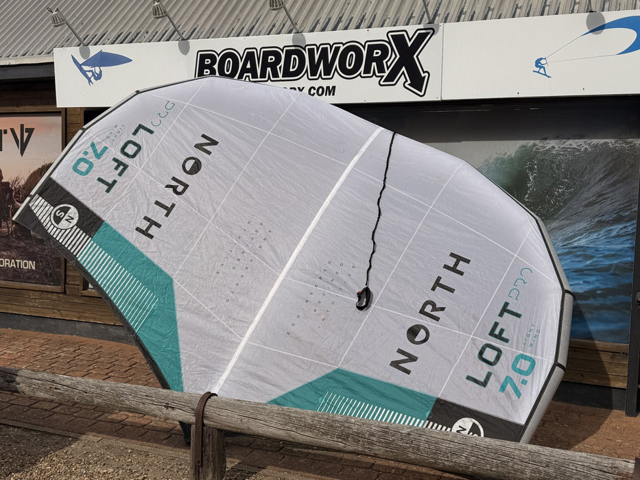 North Loft Pro 2024 7.0m wing foil wing held up outside the Board-Worx shop in Whitstable