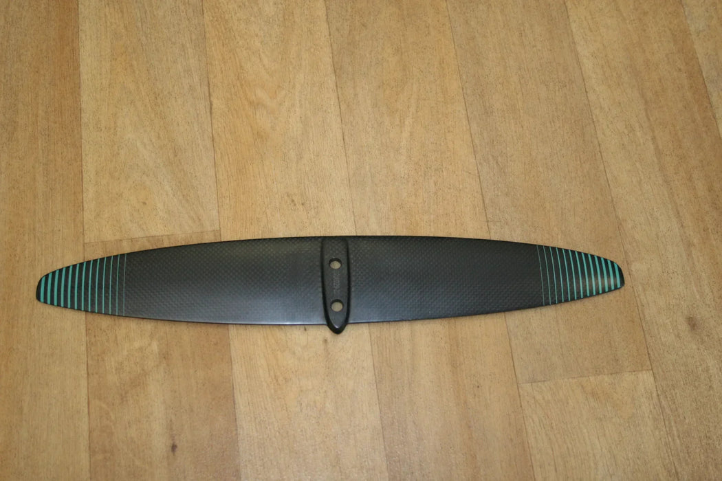 North Sonar S238 stabilizer carbon wing foil part with teal stripes on wood floor