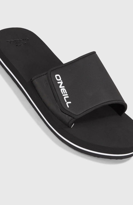O'Neill men's adjustable black slide sandal with white logo and trim, beach footwear
