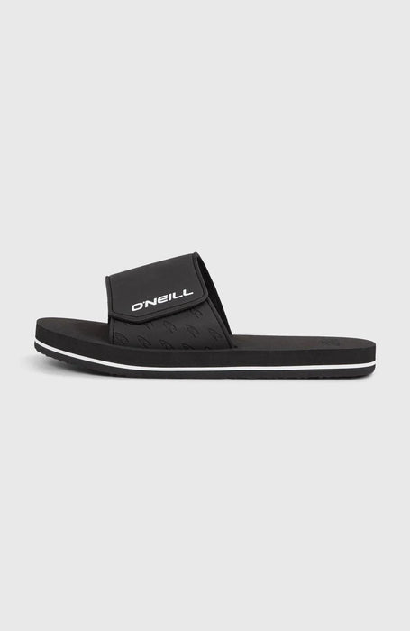 O'Neill men's adjustable black slide sandal with white logo and sole stripe on plain background