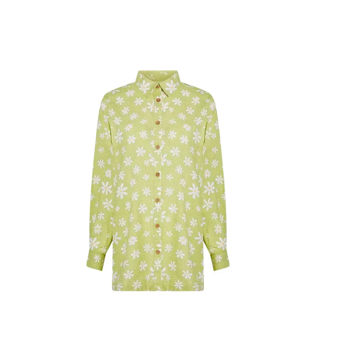 Green floral dress on a website product page with price and size options.
