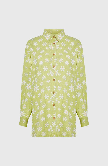 O'Neill vintage long shirt in green with white daisy floral print, beachwear clothing