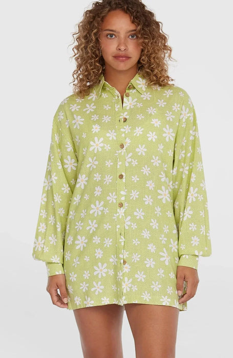 O'Neill green long shirt dress with white daisy print, surf clothing for women
