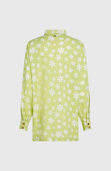 O’Neill green long shirt with white daisy print, surf clothing, back view.