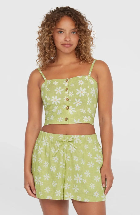 O'Neill women's beach shorts in green with white daisy print, covered waistband tie