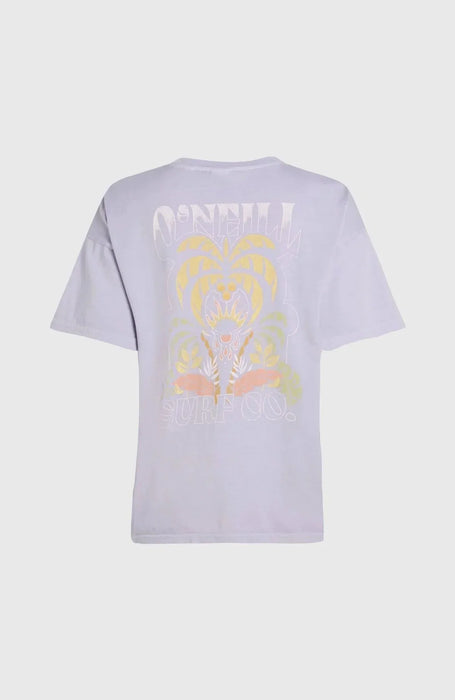 O'Neill vintage beach t-shirt in purple gleam with tropical print and surf co. logo on back