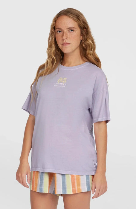 O'Neill beach vintage tee in purple gleam, short sleeve surf clothing, palm logo on chest