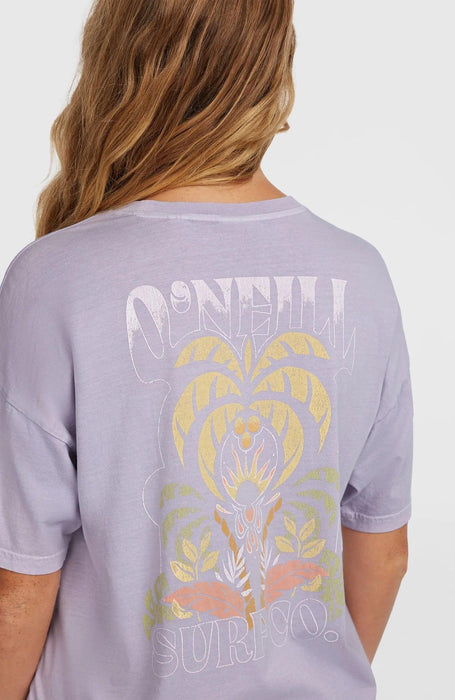 O'Neill vintage surf t-shirt in purple with tropical print on back, women's surf clothing