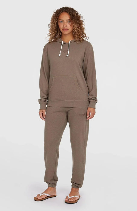 O'Neill Essentials script hoodie in light brown, worn by woman, watersports surf clothing