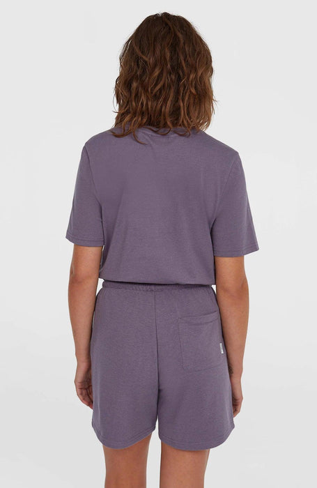 O'Neill Essentials script sweatshorts in storm purple, elastic waist, back pocket, rear view