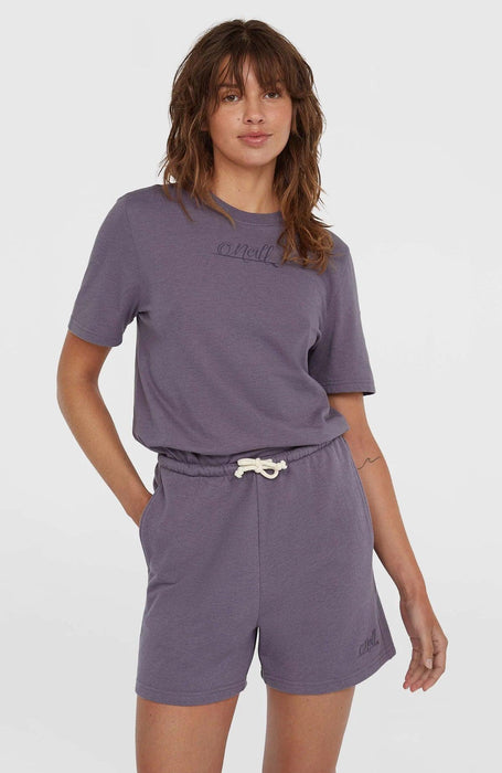 O'Neill Essentials women's purple sweatshorts with drawstring, script logo, surf clothing