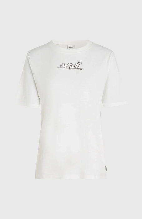 O'Neill white script logo t-shirt, short sleeve surf clothing for watersports.