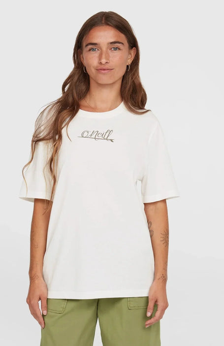 O'Neill Essentials script logo white women's surf t-shirt, model wearing with green pants