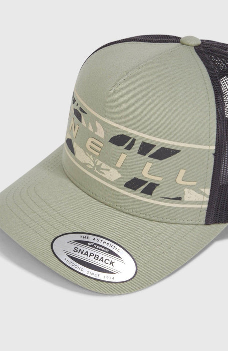O'Neill green trucker cap with mesh back and floral design, surf clothing accessory