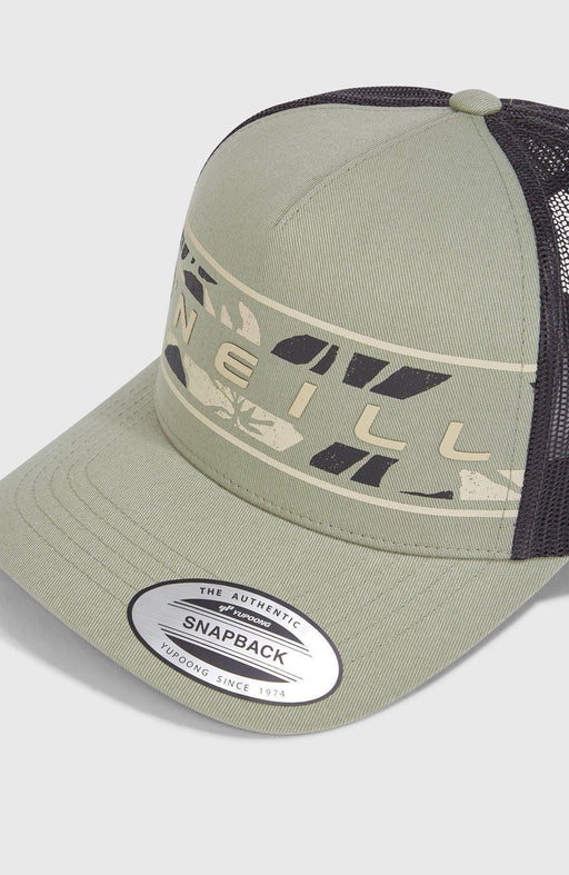 O'Neill green trucker cap with mesh back and floral design, surf clothing accessory