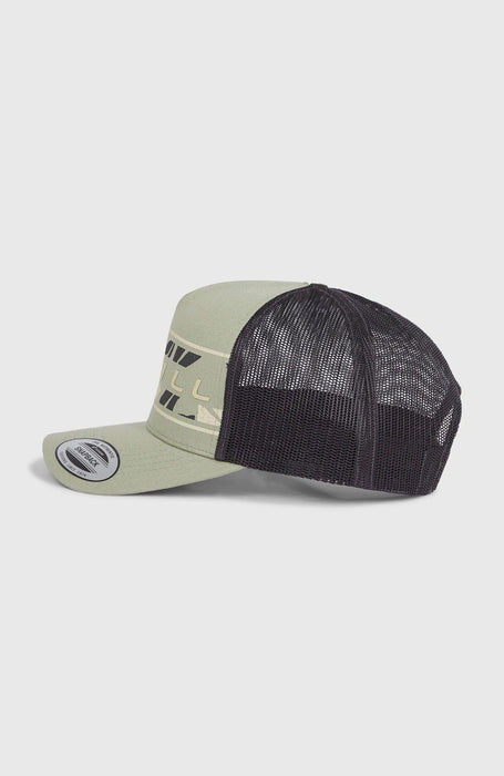 O'Neill green trucker cap with mesh back and logo, surf clothing accessory
