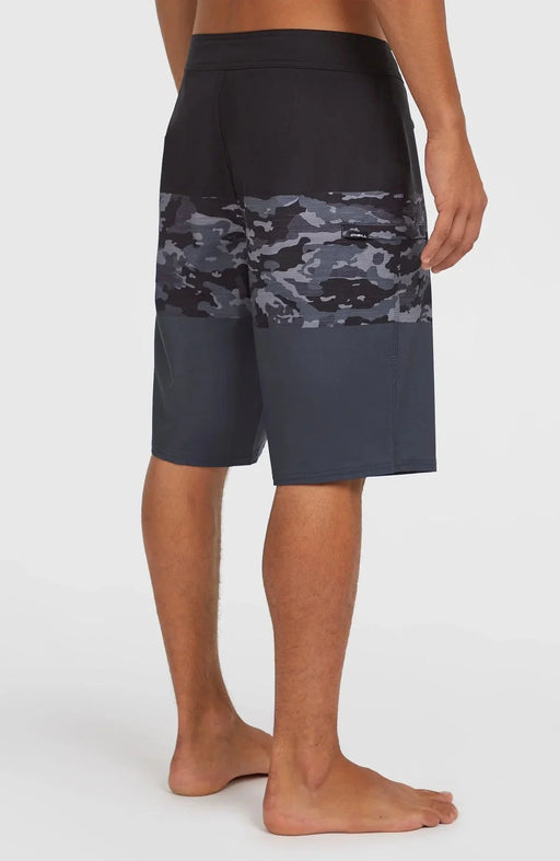 O'Neill Hyperfreak Heat men's boardshorts in black camo print, rear view