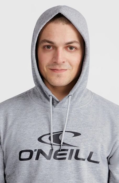 O'Neill silver grey logo hoodie, surf clothing for watersports, model wearing hood up