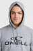 O'Neill silver grey logo hoodie, surf clothing for watersports, model wearing hood up