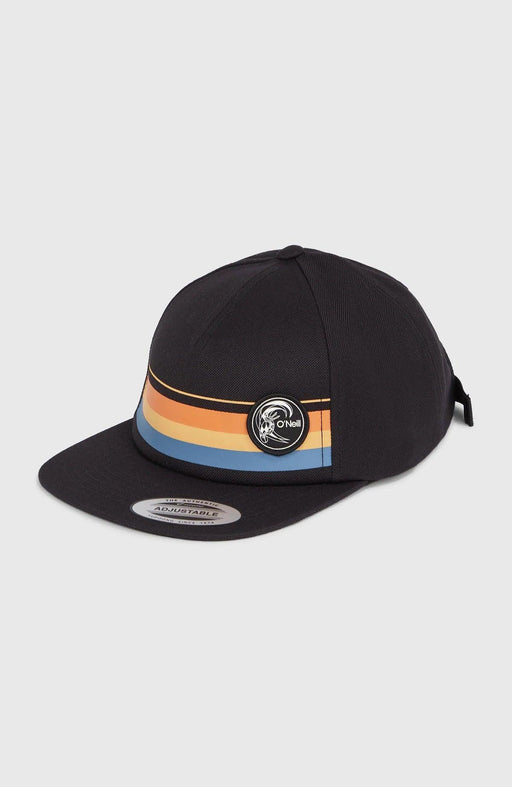 O'Neill black cap with retro sunset stripes and adjustable strap, surf clothing accessory