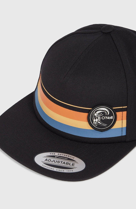 O'Neill black cap with retro orange, yellow, and blue stripes, surf logo patch, adjustable fit