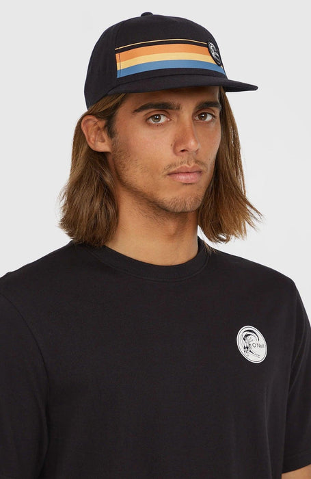 O'Neill black cap with orange and blue stripes, surf logo, surfwear accessory