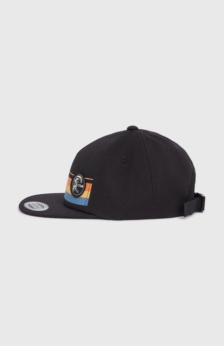 O'Neill black surf cap with logo patch and multicolour stripes, adjustable strap