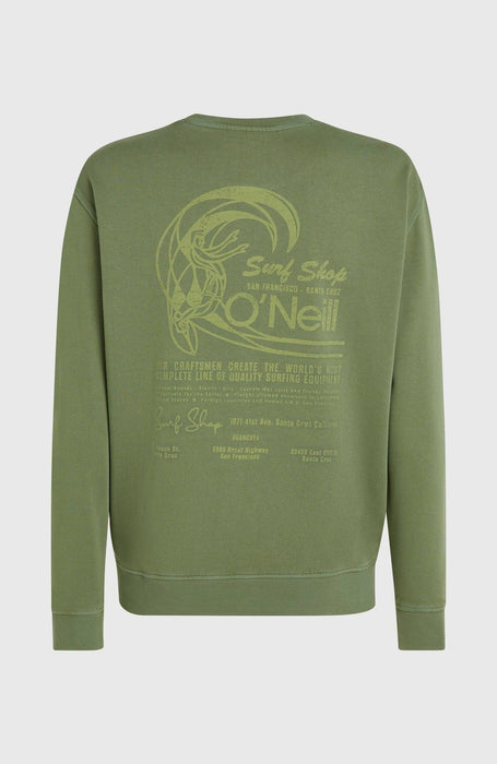 O'Neill green crew sweatshirt with surf shop back print, surf clothing for watersports