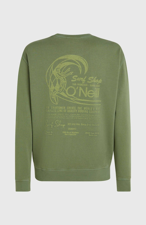 O'Neill green crew sweatshirt with surf shop back print, surf clothing for watersports