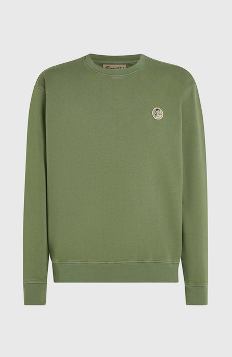 O'Neill green crew neck sweatshirt with chest logo patch, surf clothing