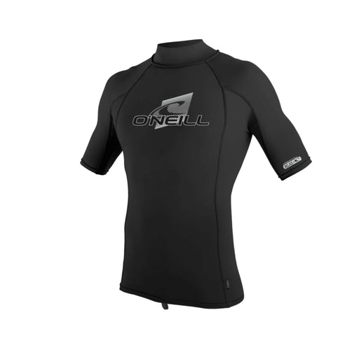 O'Neill black short sleeve turtleneck rash vest for watersports with visible logo