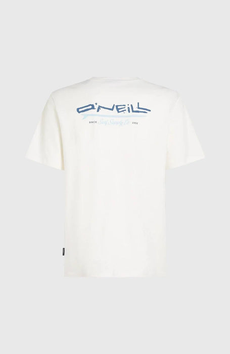 O'Neill white surf t-shirt with blue retro back print, short sleeves, watersports clothing