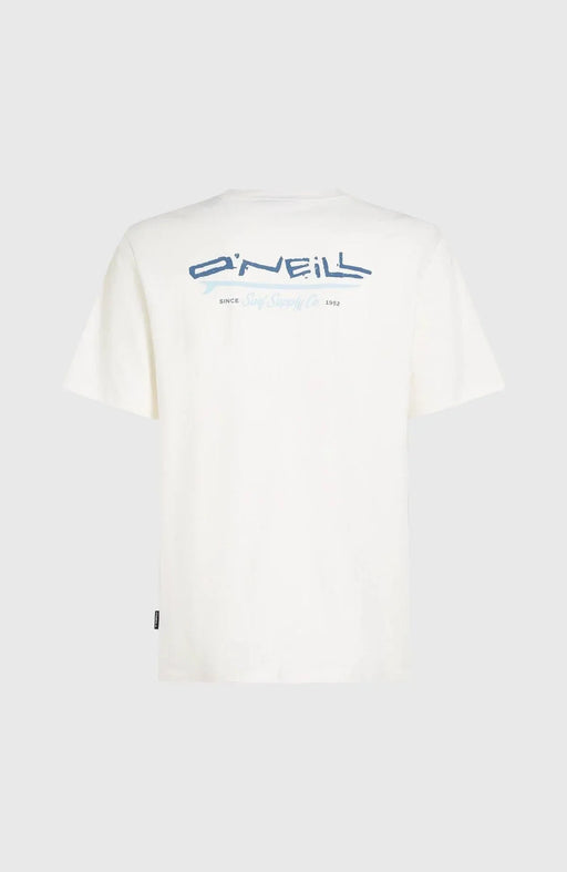 O'Neill white surf t-shirt with blue retro back print, short sleeves, watersports clothing