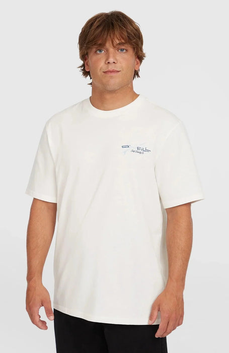 O'Neill retro white surf tee with blue chest logo, short sleeves, watersports clothing