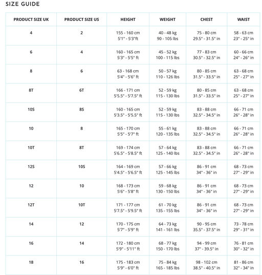 Size guide chart for watersports gear with UK/US sizes, height, weight, chest, and waist measurements
