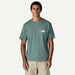Patagonia blue sage t-shirt with small mountain logo, surf clothing for watersports