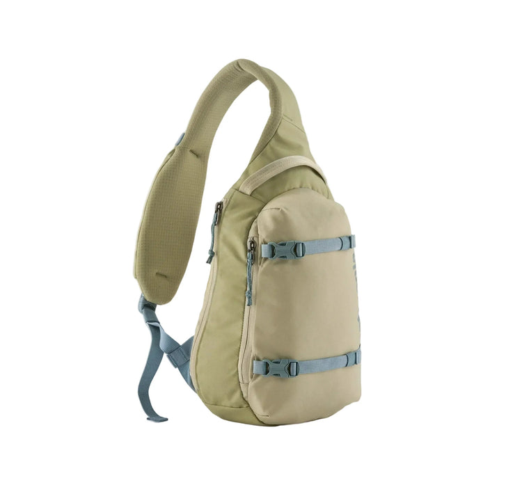 Patagonia Atom Sling Bag 8L in Weathered Stone, beige with blue straps