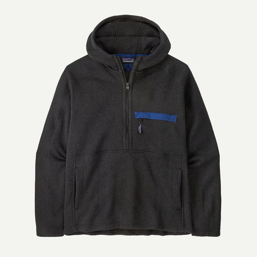 Patagonia black fleece pullover with hood, half zip, and blue chest pocket for surf or watersports