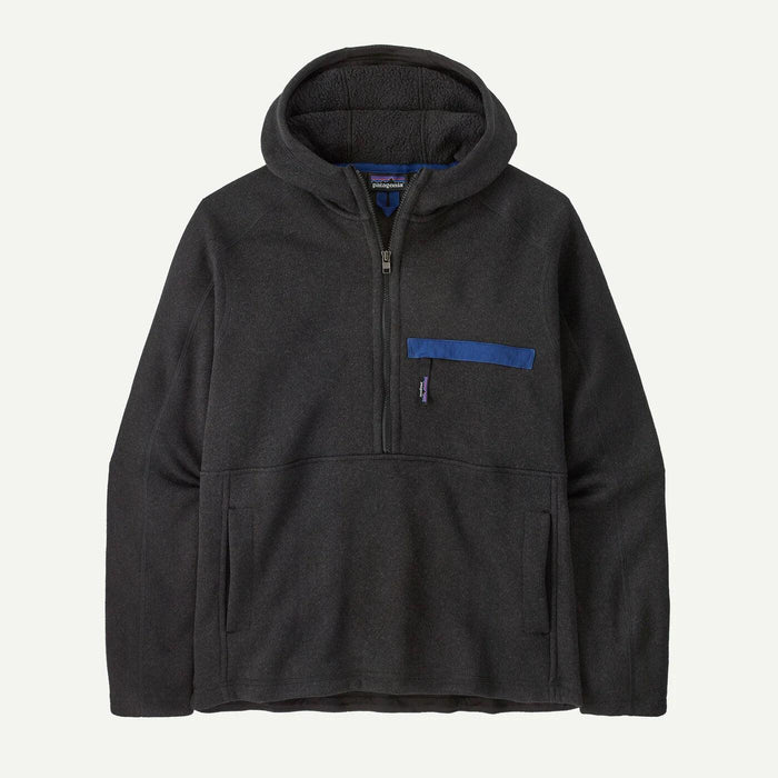 Patagonia black fleece pullover with hood, half zip, and blue chest pocket for surf or watersports
