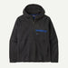 Patagonia black fleece pullover with hood, half zip, and blue chest pocket for surf or watersports
