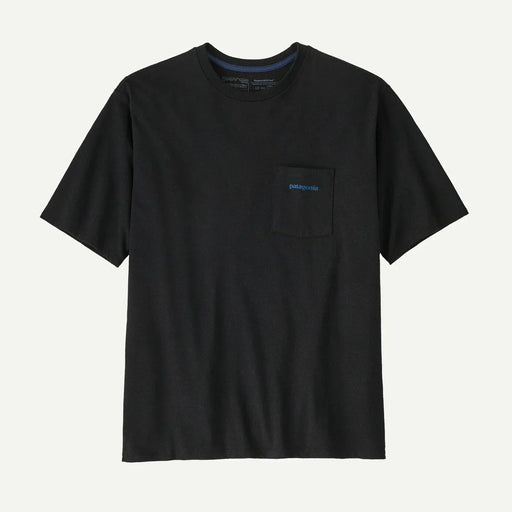 Patagonia black short sleeve surf t-shirt with chest pocket and small logo for watersports