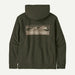 Patagonia basin green surf hoodie with wave graphic and logo on back, watersports clothing