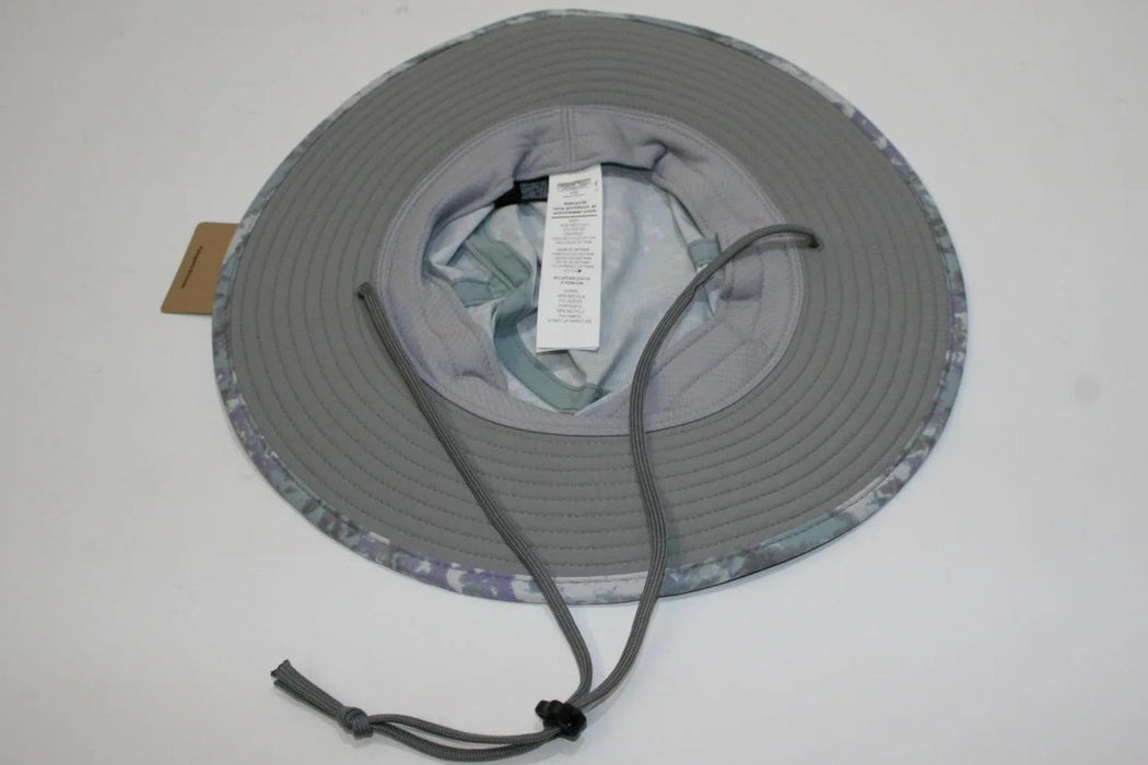 Patagonia Brimmer Hat, grey with thermal blue patterned edge, wide brim, adjustable chin strap