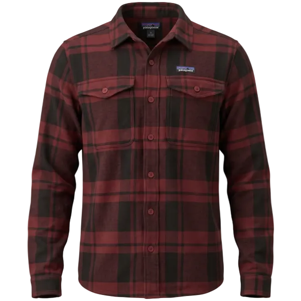 A Patagonia men's long-sleeve flannel shirt in a dark red and black buffalo plaid pattern, featuring a button-down front, two chest pockets, and the signature Patagonia logo patch on the left chest.